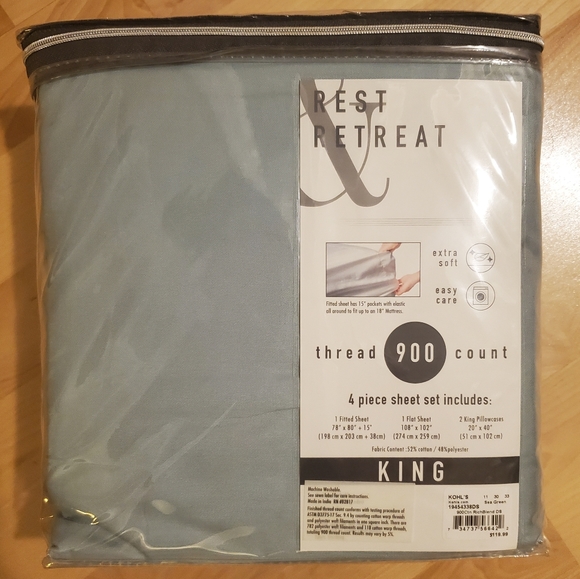 Rest & Retreat, King 4-piece sheet set, sea green (NWT) - Picture 2 of 5